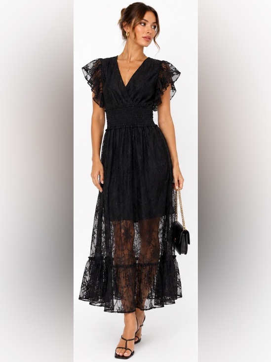 Ombra USA Dresses & Skirts - OMBRA USA Black Lace Embroidered Flutter Sleeve Midi Dress NWOT